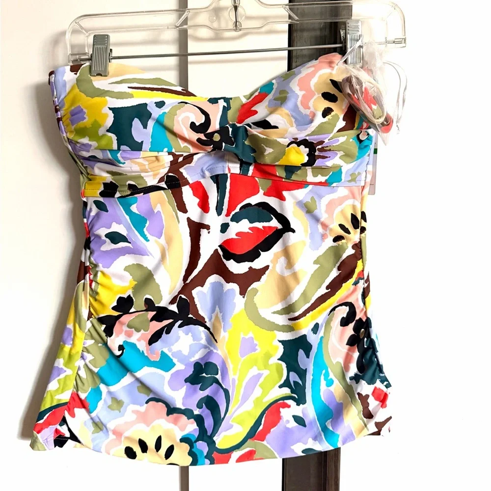 NWT Anne Cole Womens Solid Twist Front Shirred Bandeau Tankini Swim Top, Paisley - Picture 2 of 4